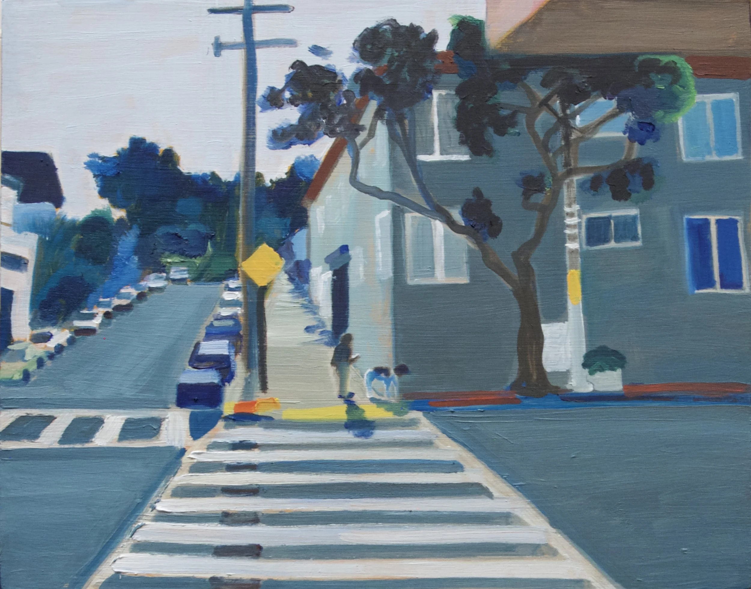 “Man with Dog Bernal Heights.” 14”x14”. Oil on canvas. 2025