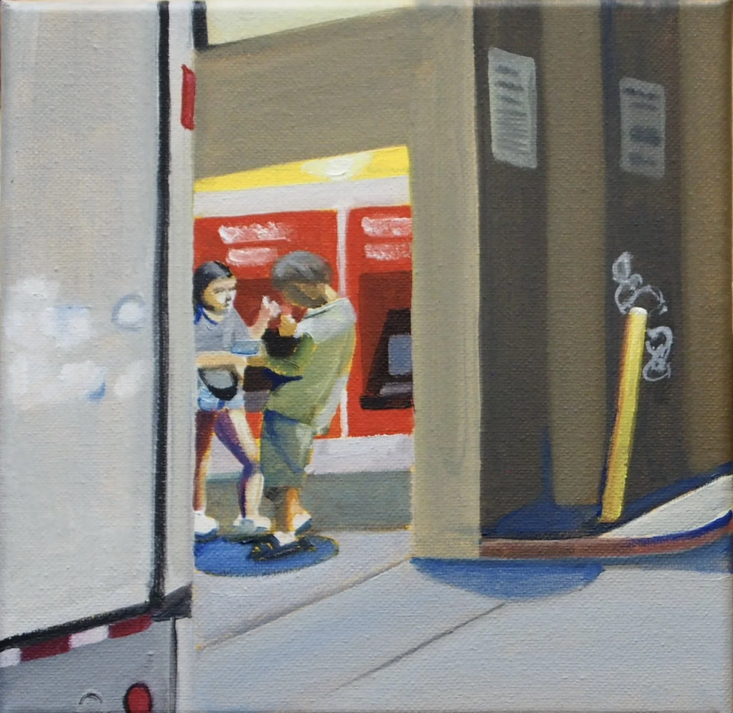 “ATM Alcove Couple.” 12”x12”. Oil on canvas. 2025