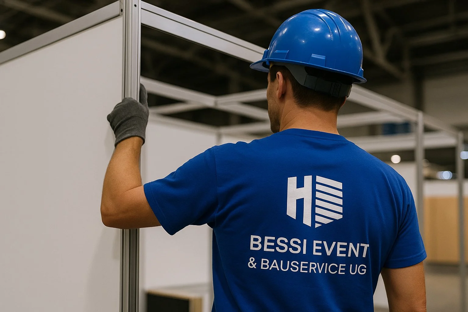 Ein Arbeiter in blauer Arbeitskleidung mit Schutzhelm, der eine weiße Wand an einem Gerüst befestigt.