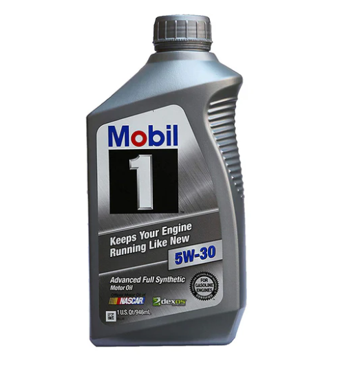 A bottle of Mobil 1 synthetic motor oil with a black cap, labeled for 5W-30 viscosity, designed to keep engines running like new.