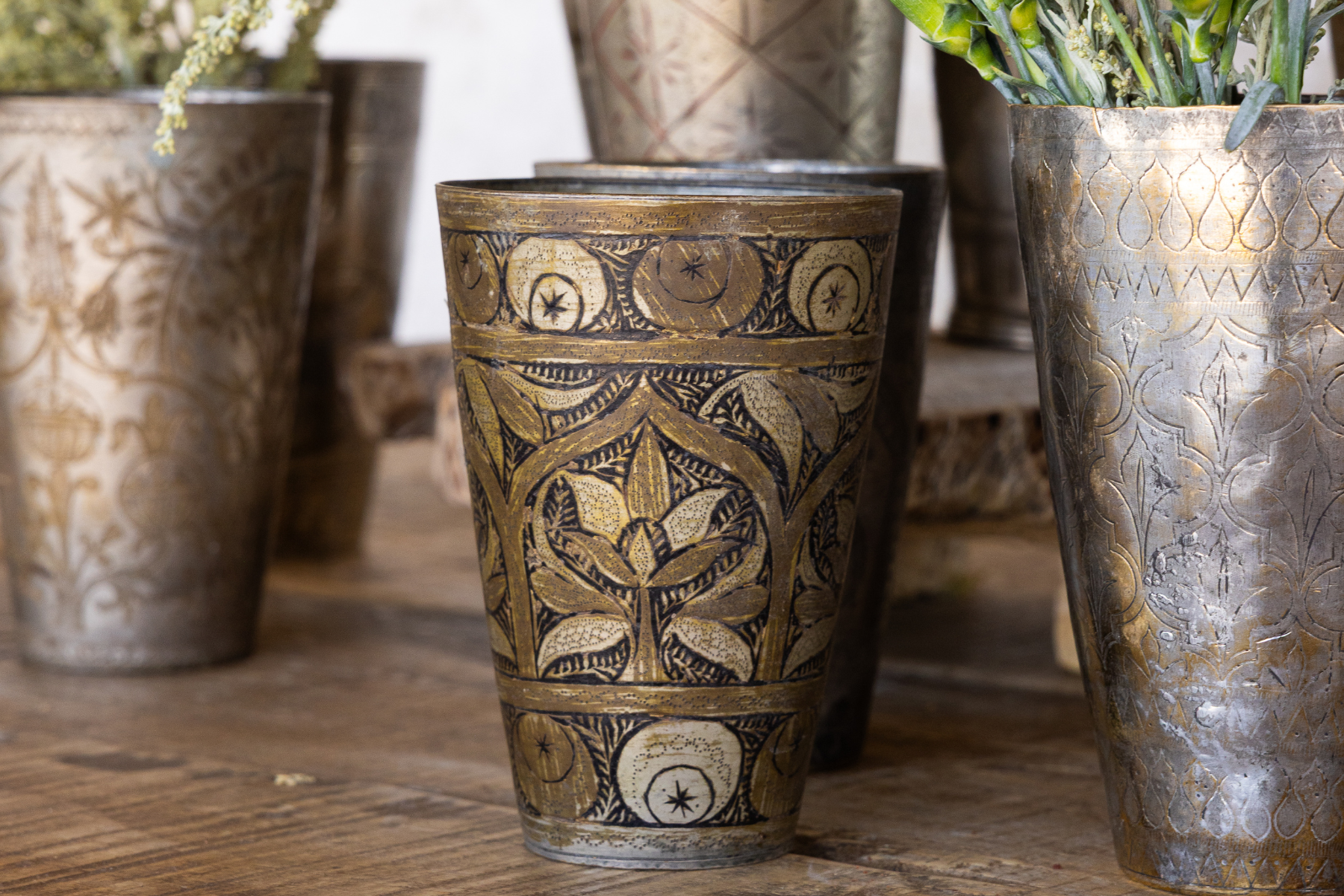 Antique Etched Brass Vase