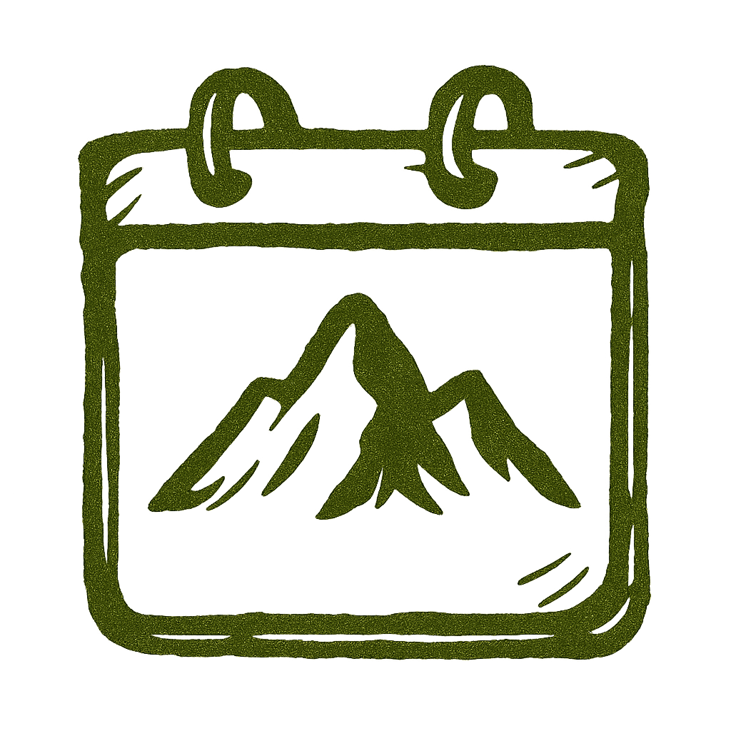 Illustration of a calendar with a mountain landscape inside.