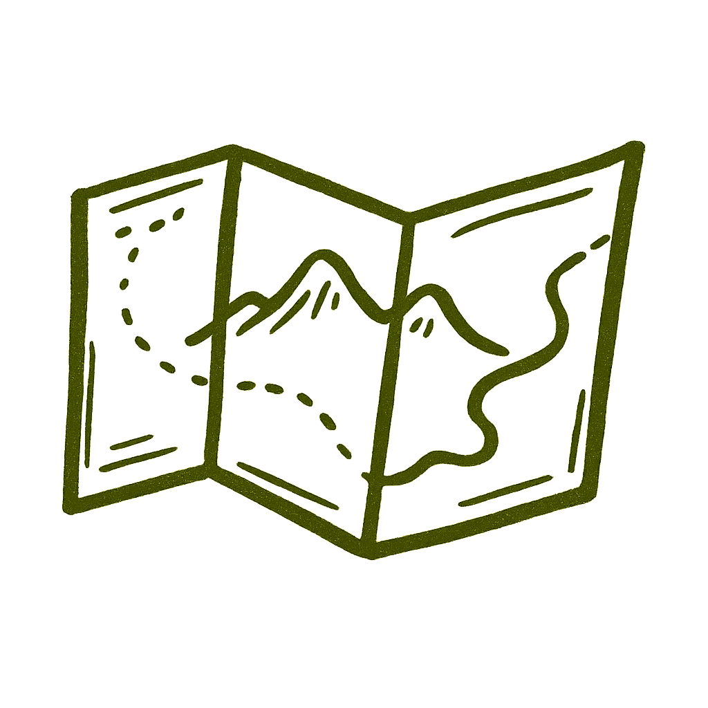 A simple line drawing of a folded map with dashed and solid lines indicating roads or paths.