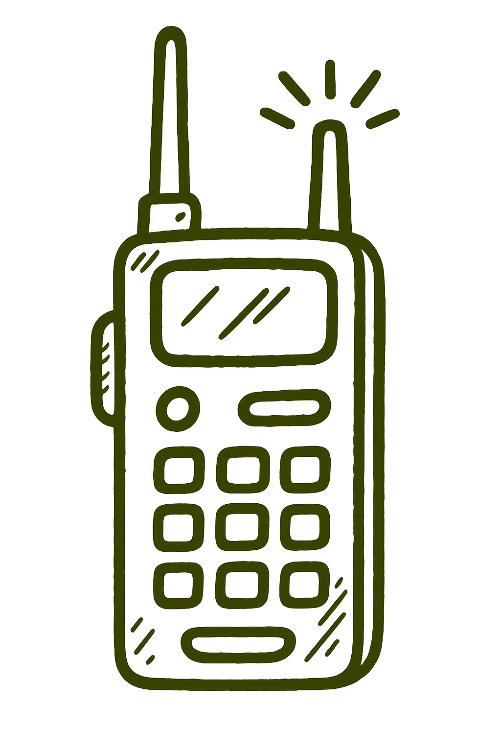 Outline drawing of a vintage mobile phone with an external antenna.