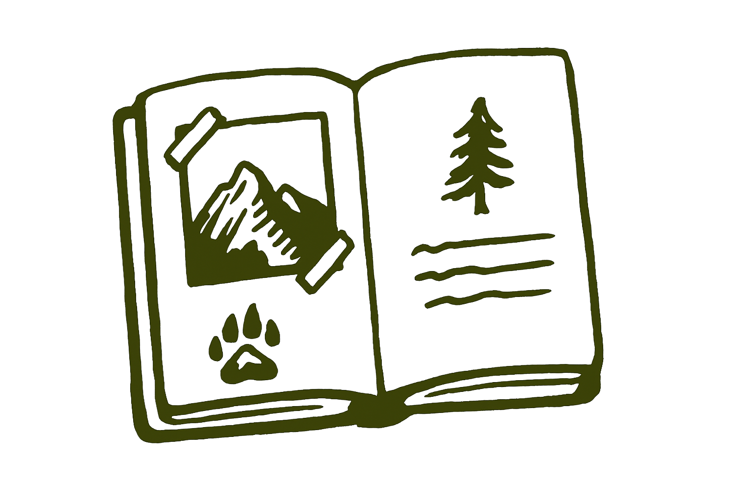 A simple line drawing of an open outdoor adventure guidebook, showing mountain scenery with a mountain range, trees, and a paw print.