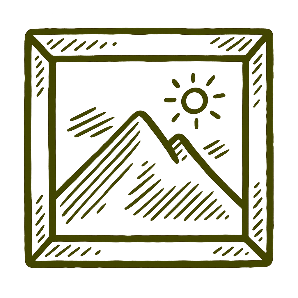 A simple sketch of a mountain landscape with a bright sun in the sky, enclosed in a three-dimensional square border.