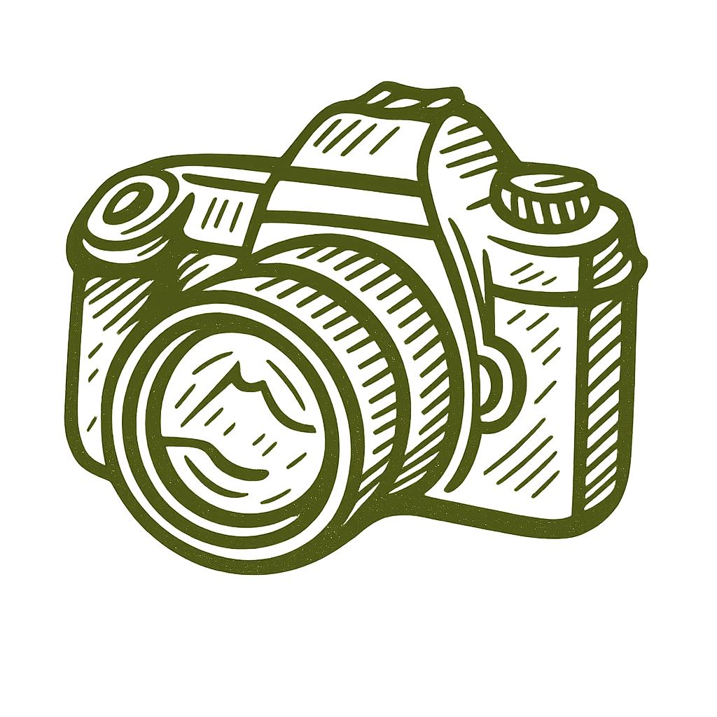 Line drawing of a camera in olive green color on a black background.