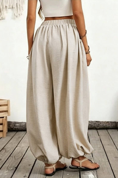 High-Waisted Pocket Comfortable Lantern Pants Apricot Back.png