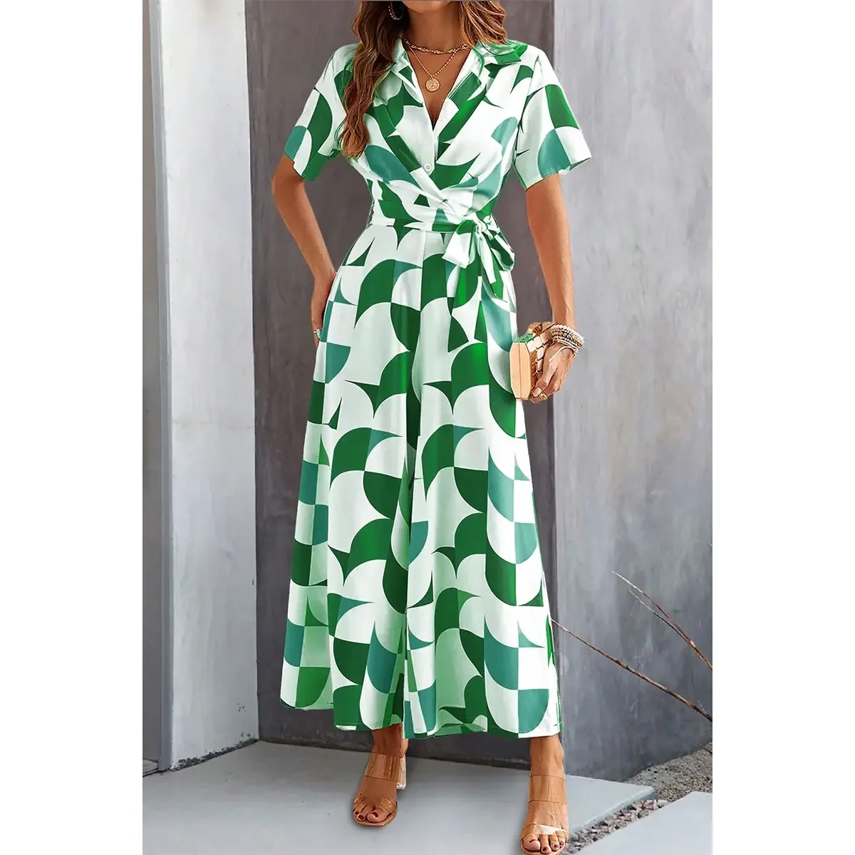 Chic Geometric Print Wrap Jumpsuit