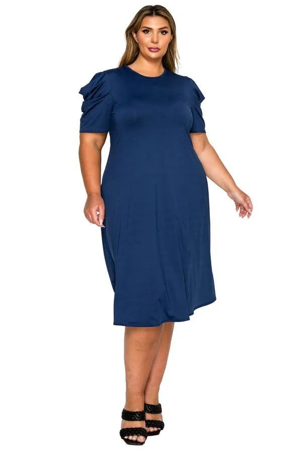 Navy Ruched Sleeve Dress
