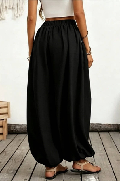 High-Waisted Pocket Comfortable Lantern Pants Black Back.png