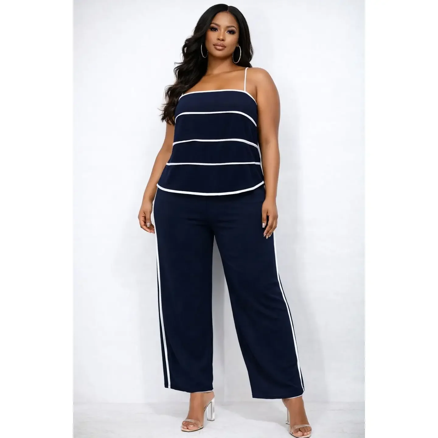 Plus-Size Navy and Peach Striped Two-Piece Set