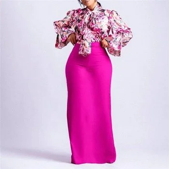 Elegant Floral Blouse & Pink Maxi Skirt Set