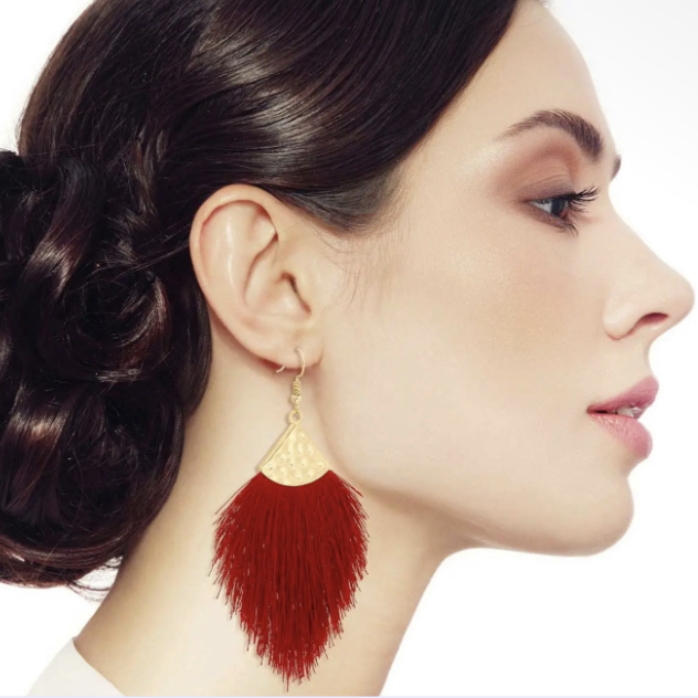 Silk Tassel Fish Hook Earrings Burgundy full.png