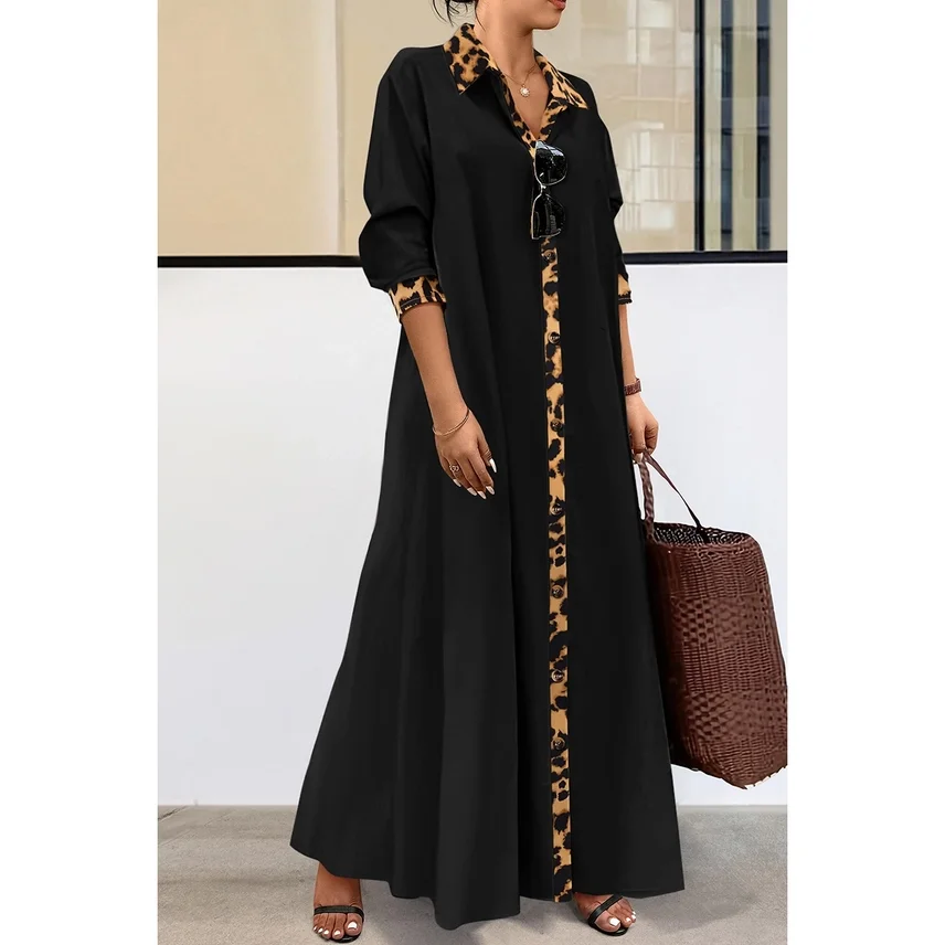 Leopard Accent Black Maxi Dress