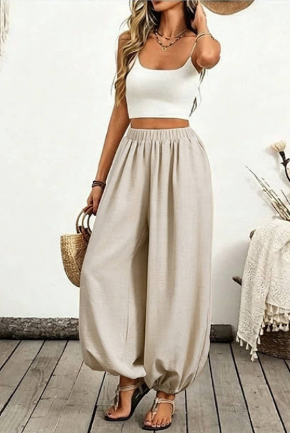 High-Waisted Pocket Comfortable Lantern Pants Apricot Front.png
