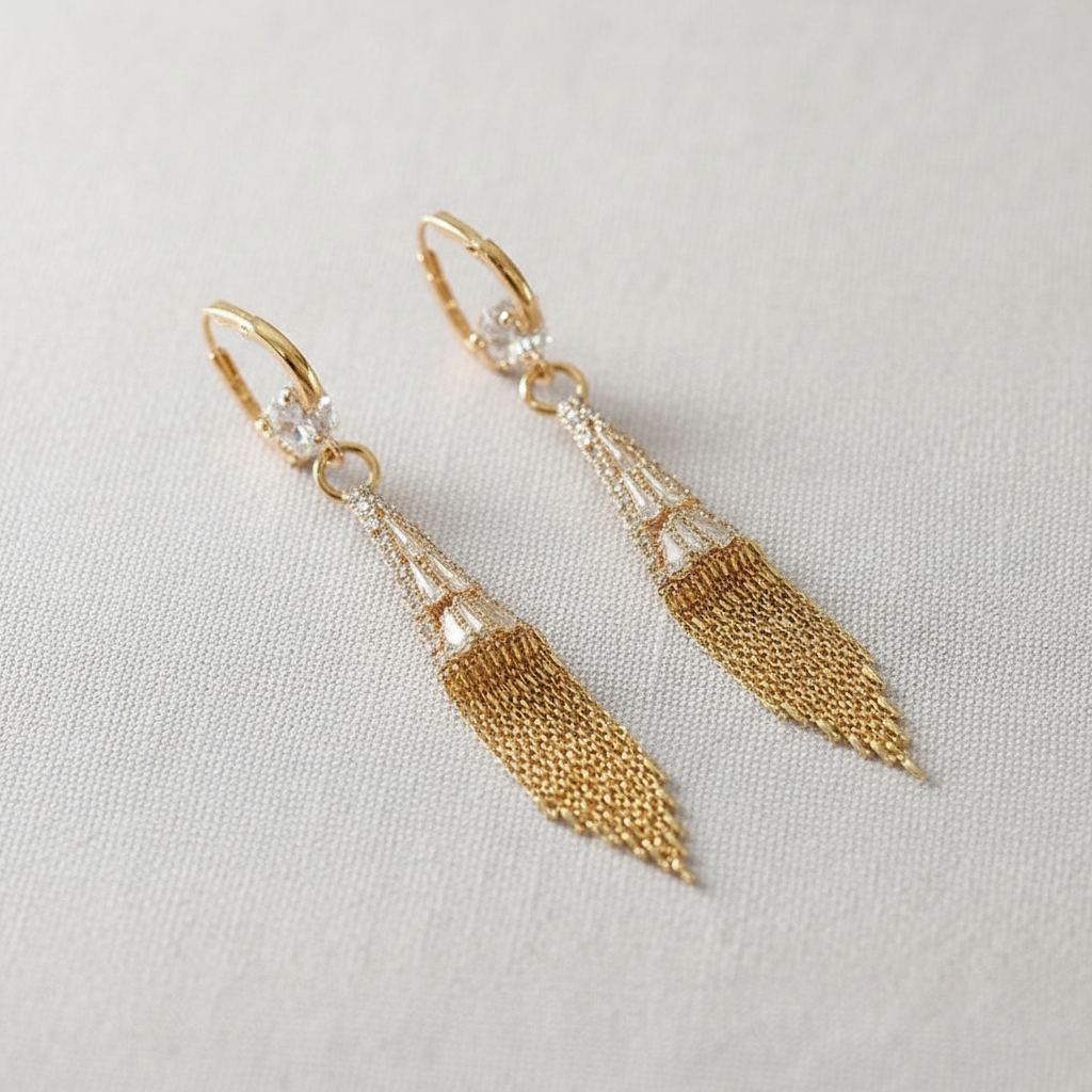 Gold Tassel Chain Earrings with Crystal Accents