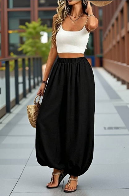 High-Waisted Pocket Comfortable Lantern Pants Black Front.png