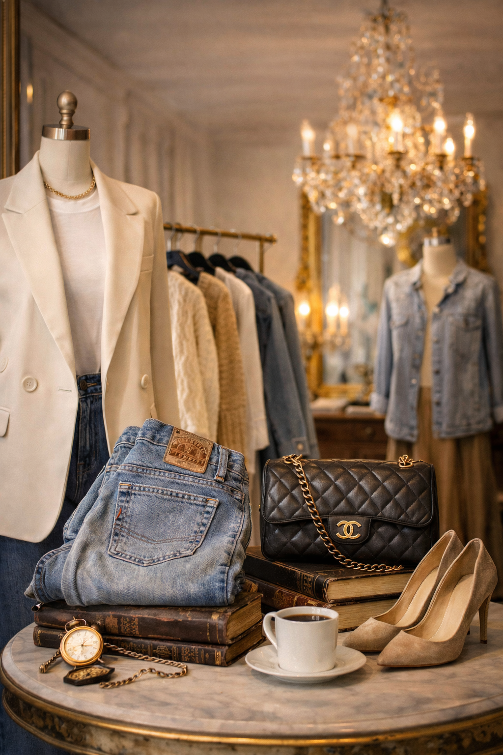 Luxury boutique display with a mannequin in a white blazer and gold necklace, vintage jeans, a black Chanel purse, beige high heels, a gold pocket watch, a cup of coffee, and a rack of clothes in the background, illuminated by a crystal chandelier.