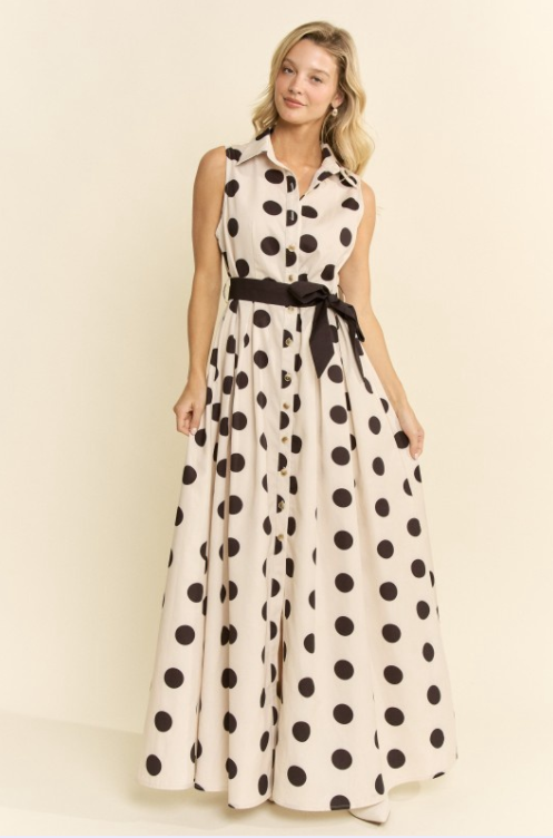 Sleeveless Polka Dot Button Down Flowy Dress