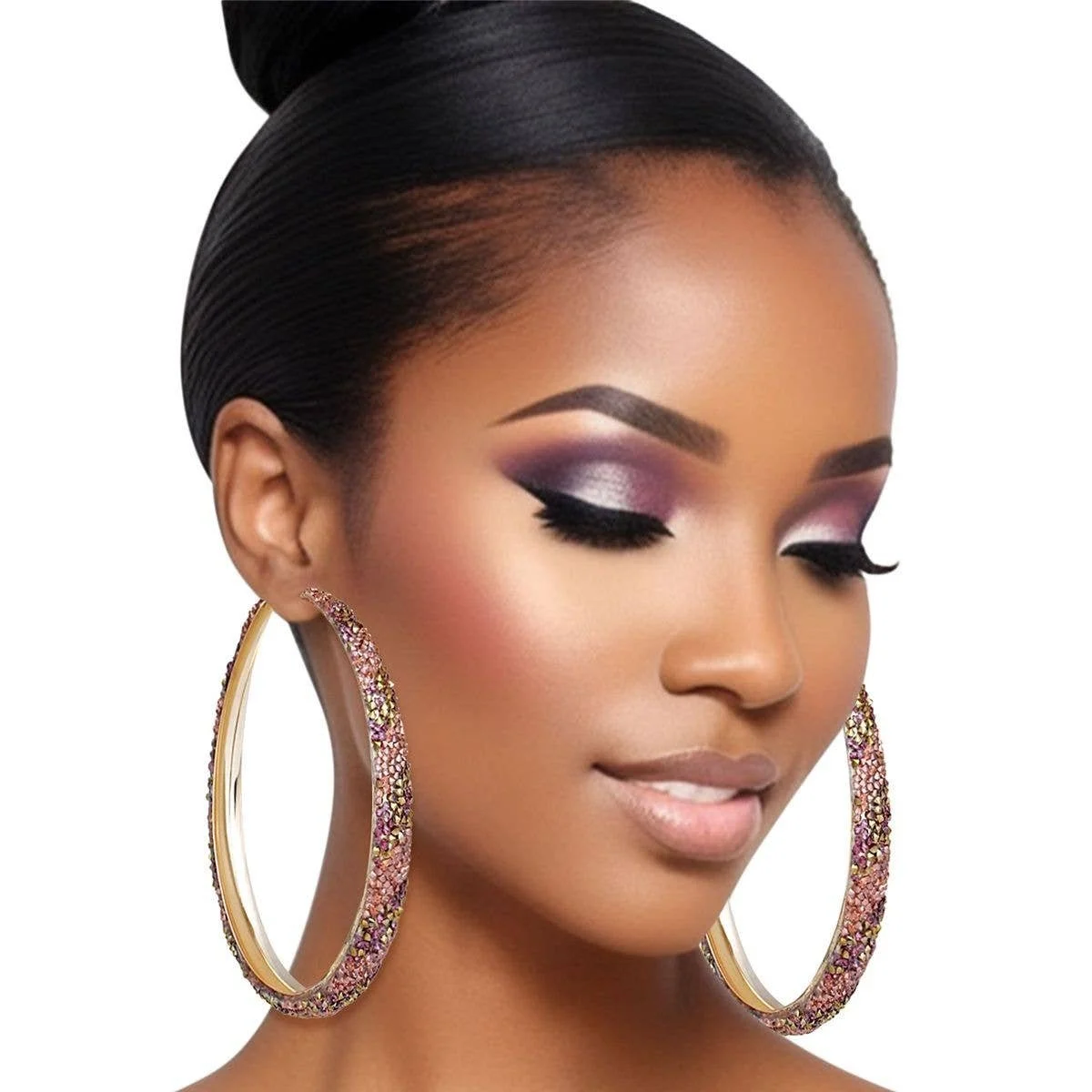 Fuchsia Pink Hoops Crusted Gold Earrings image 2.jpg