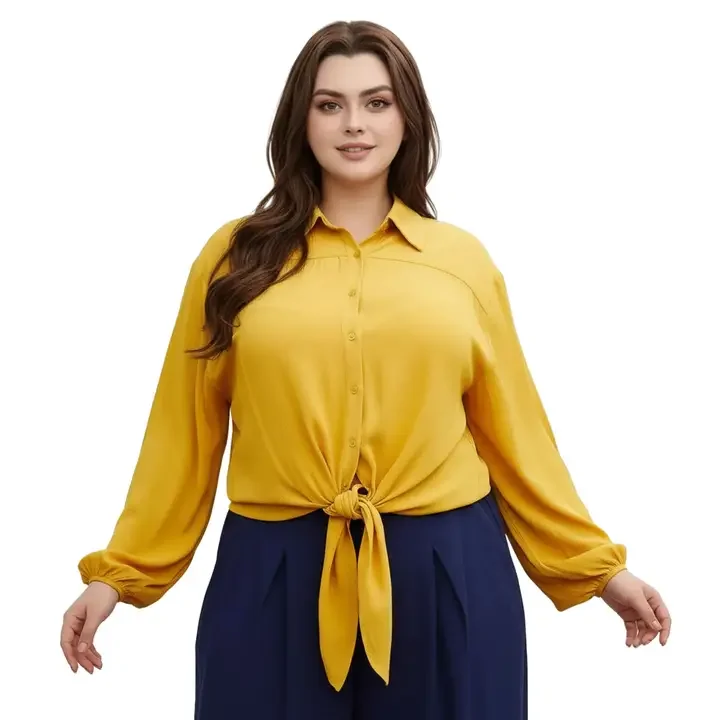Pleione Plus Size Pleated Tie Hem Button Down Blouse in Mustard