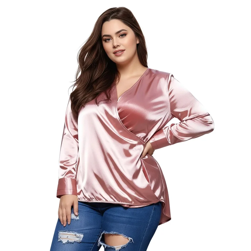 Pleione Plus Size Women's Charmeuse Contrast Cross Front Blouse