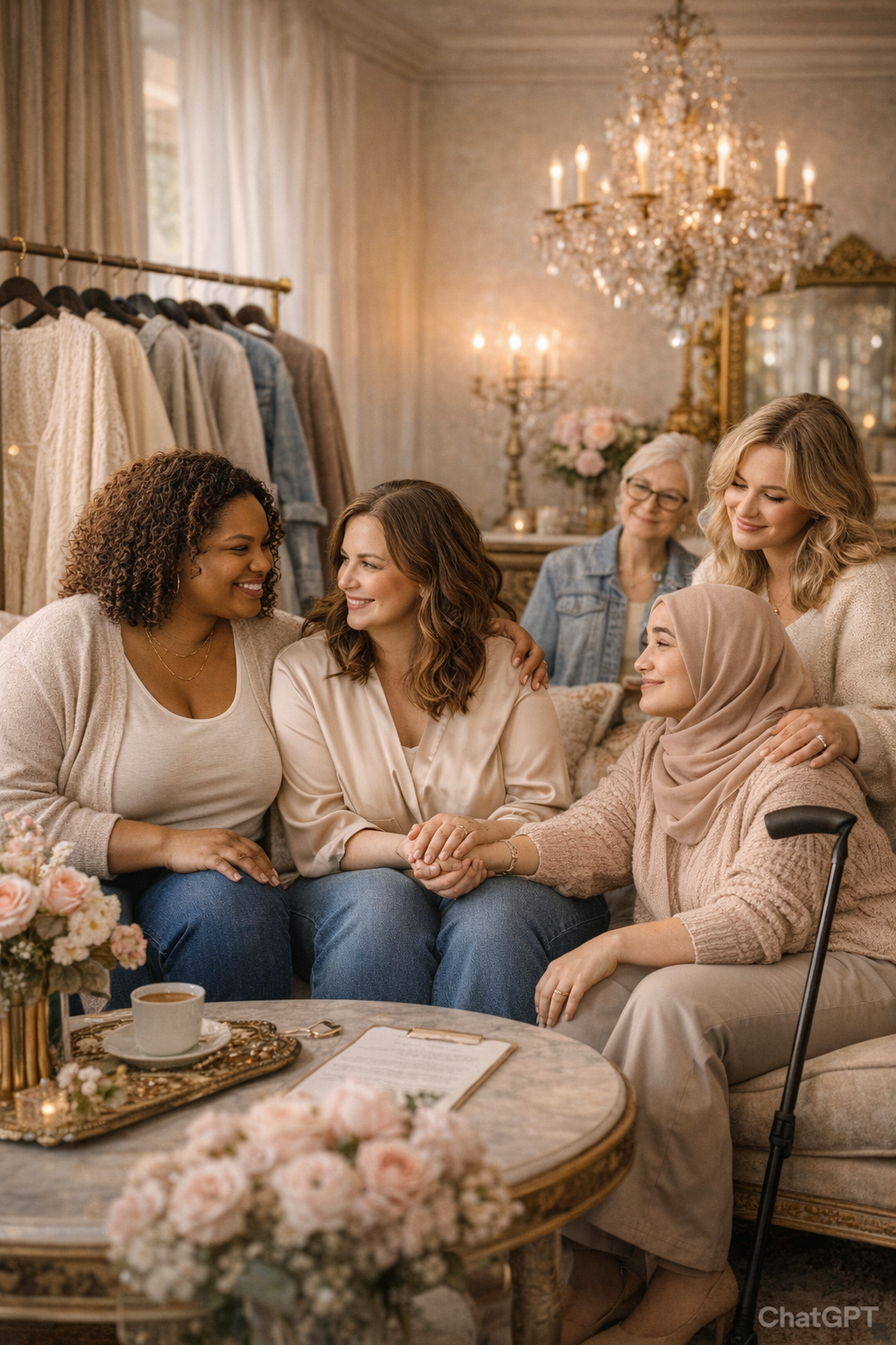A group of diverse women sitting together in a nicely decorated room, smiling and holding hands in a show of friendship and support. The room has a chandelier, flowers, and clothing racks in the background.