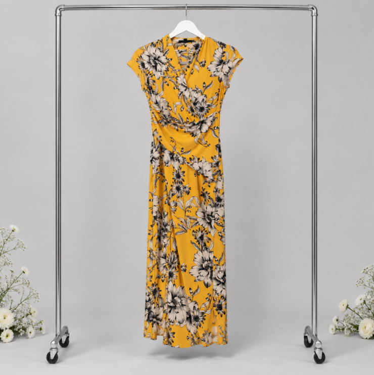 Rachel Ron Yellow Dress with Tropical White and Black Flowers
