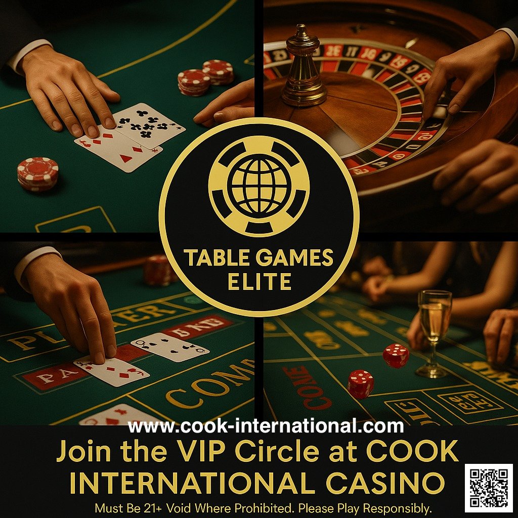 TABLE GAMES ELITE 🎲✨
Blackjack, roulette, baccarat and craps &mdash; all in one VIP collage, all at Cook International Casino.

Join the VIP circle, earn High Roller Rewards, and take your seat at the elite table games floor.

🔗 www.cook-internatio