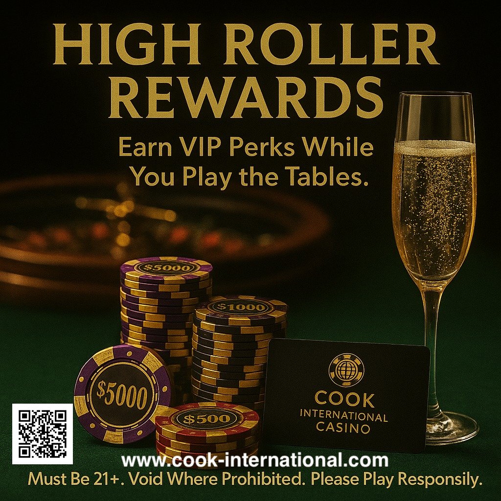 Chips stacked high. Champagne on ice. This is what High Roller Rewards look like at Cook International Casino.

Earn VIP points every time you play the tables and unlock premium comps, priority service, and exclusive invites to our biggest experience