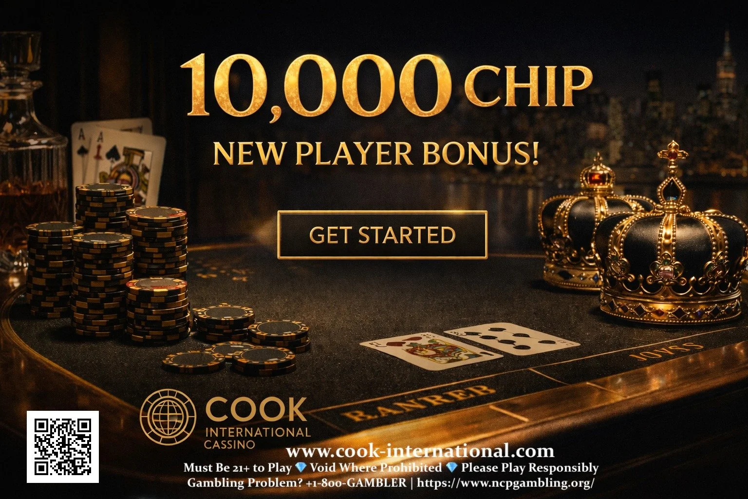10,000 CHIP NEW PLAYER BONUS 🎉💎

Start your Cook International Casino journey with a high-roller&ndash;level stack from day one.

Step into the VIP tables, hit the felt with 10,000 chips, and see what you can do when you&rsquo;re playing with real 