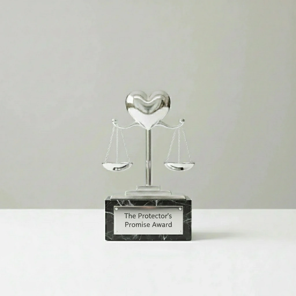 Silver scale figurine with a heart-shaped top, labeled "The Protector's Promise Award," on a marble base.
