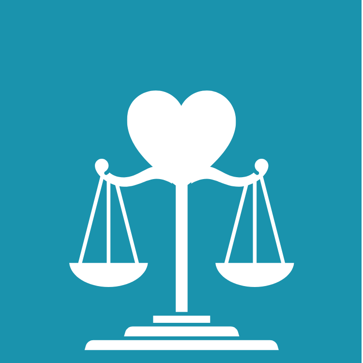 Scales balanced with a heart shape at the top, symbolizing love and justice.