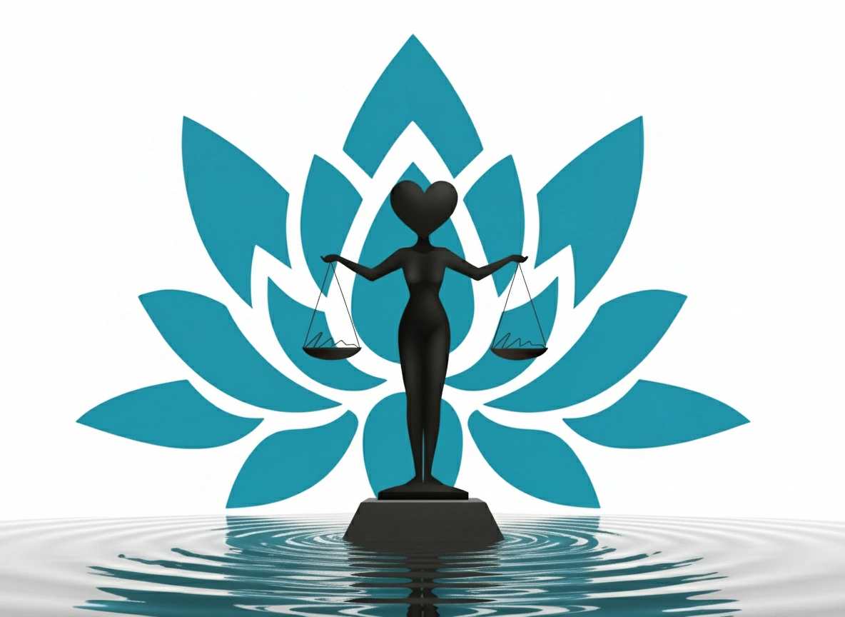 A black sculpture of Lady Justice with a heart-shaped head features holding scales, positioned on a pedestal in water with ripples, with a large stylized blue lotus flower in the background.