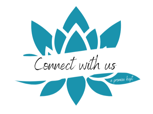 A logo with a stylized blue lotus flower and a white banner with black text that reads 'Connect with us' and a blue tag with small white text 'a premise kept'.