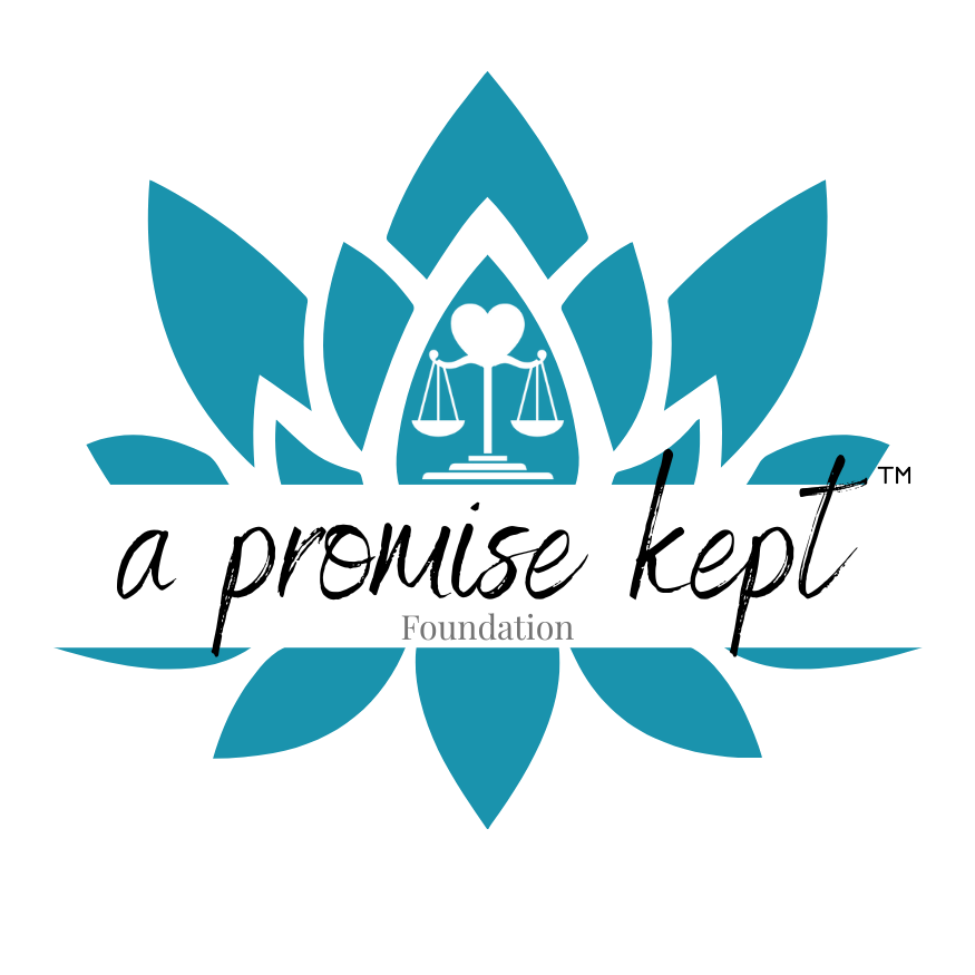 Logo for a promise kept foundation featuring a blue lotus flower with a scales of justice symbol inside a heart at the center, and the text "a promise kept" in cursive and "Foundation" underneath.