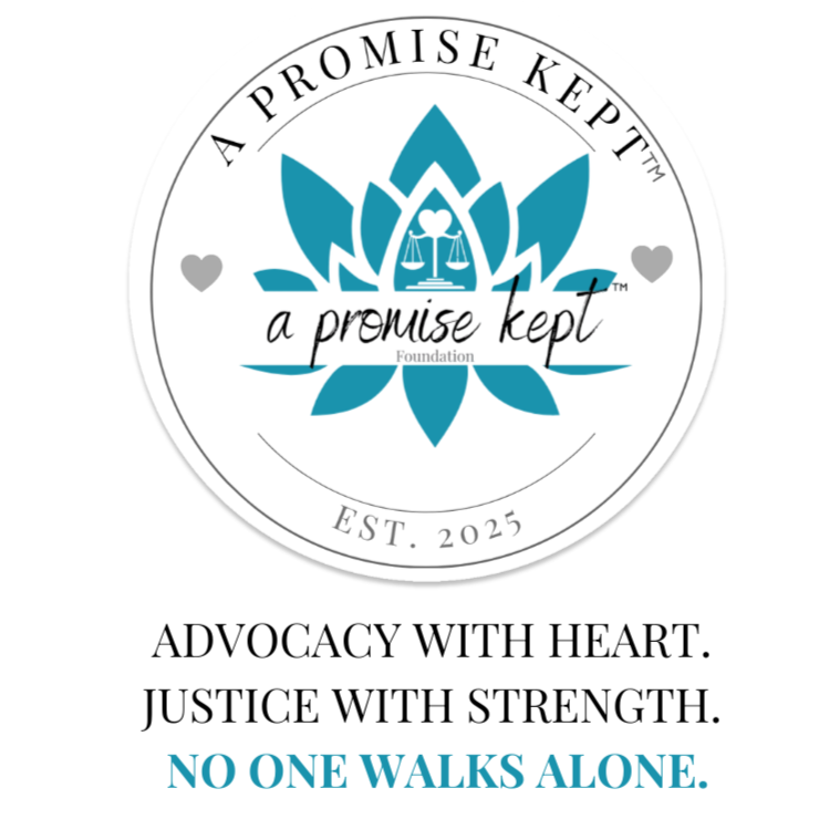 Logo of a promise kept foundation featuring a teal lotus and scales of justice, with the text "A promise kept Foundation, EST. 2025", and the slogan "Advocacy with heart. Justice with strength. No one walks alone."
