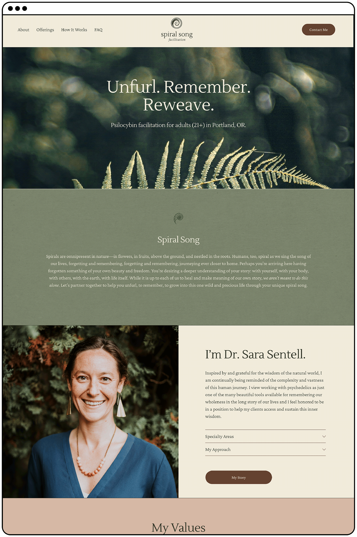 Homepage of Spiral Song Facilitation website featuring a leafy background, a woman in a blue top with earrings and necklace, and text about psilocybin facilitation services in Portland, OR.