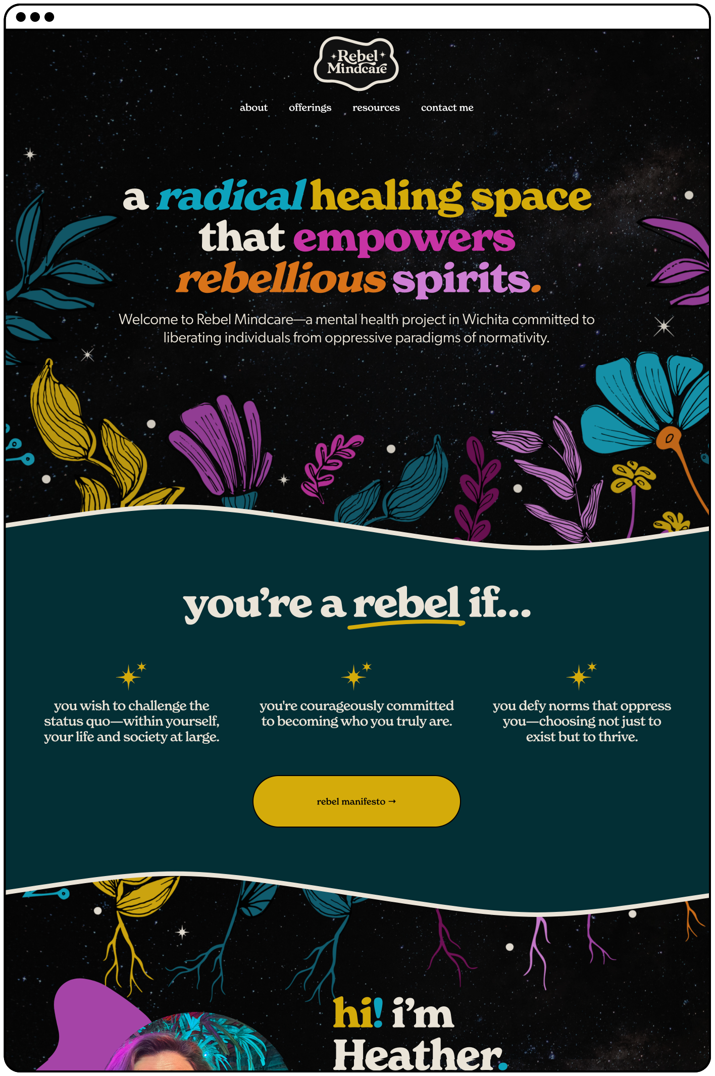 Screenshot of a website titled 'Rebel Mindcare' with colorful text and illustrations of plants against a starry night background, promoting a mental health project focused on empowerment and rebellion.