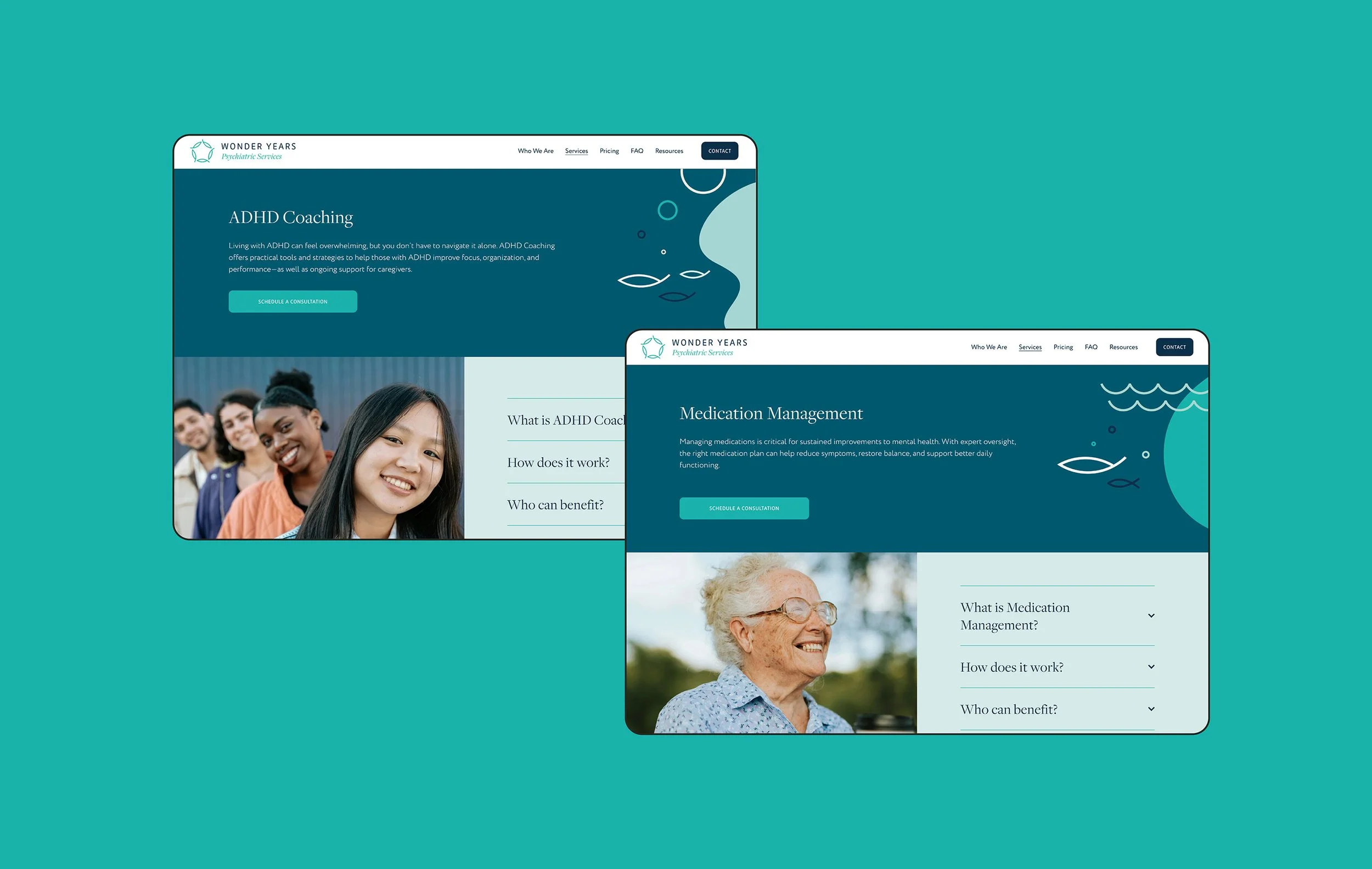 Two website screenshots on a turquoise background, one for ADHD coaching with smiling diverse people, and another for medication management with an elderly woman smiling outdoors.
