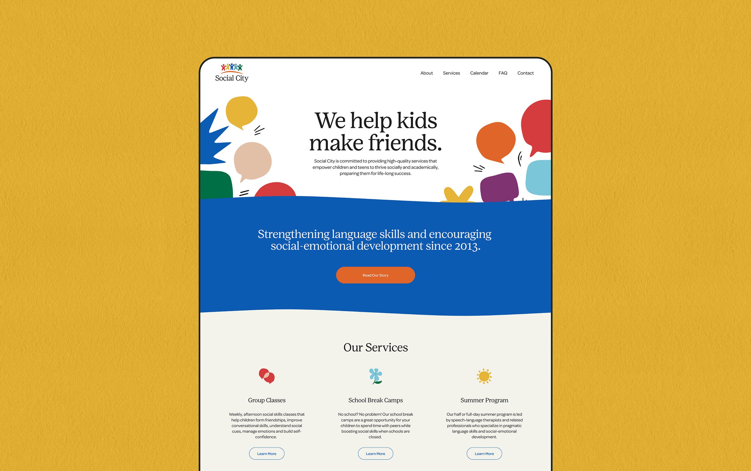 Screenshot of a website called Social City focused on helping kids make friends, with colorful speech bubbles, a large message about social-emotional development, and sections describing services like group classes, school break camps, and summer pro