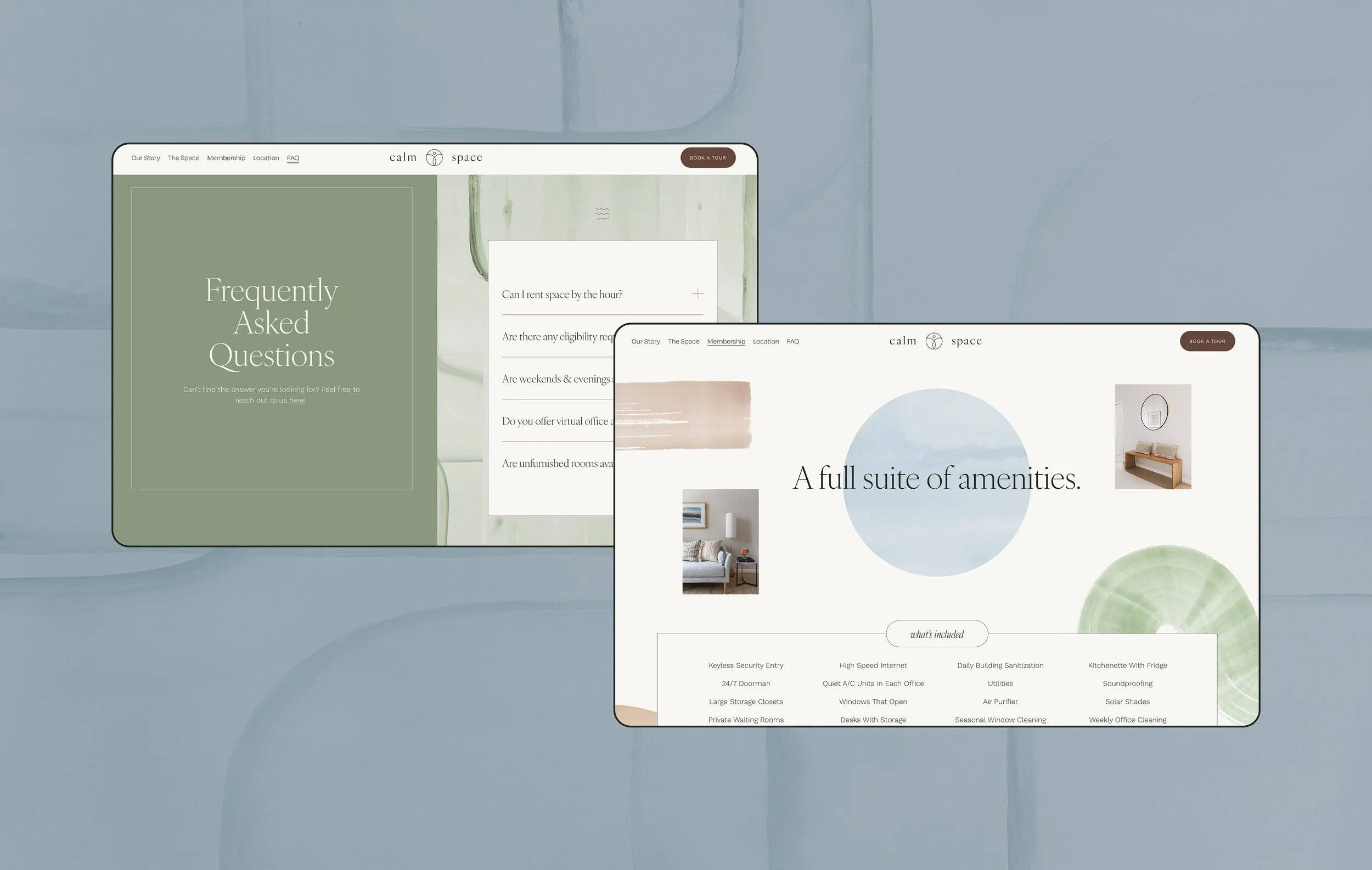 Screenshots of a website for a space rental service showcasing FAQ and amenities, with a clean, minimalist design featuring soft green, blue, and beige tones.