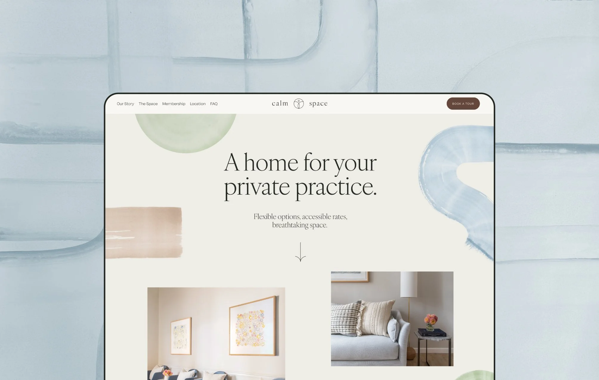 Screenshot of a website homepage for Calm Space, a private practice space. The page has a minimalist design with abstract shapes and images of a cozy living room with artwork and a sofa.