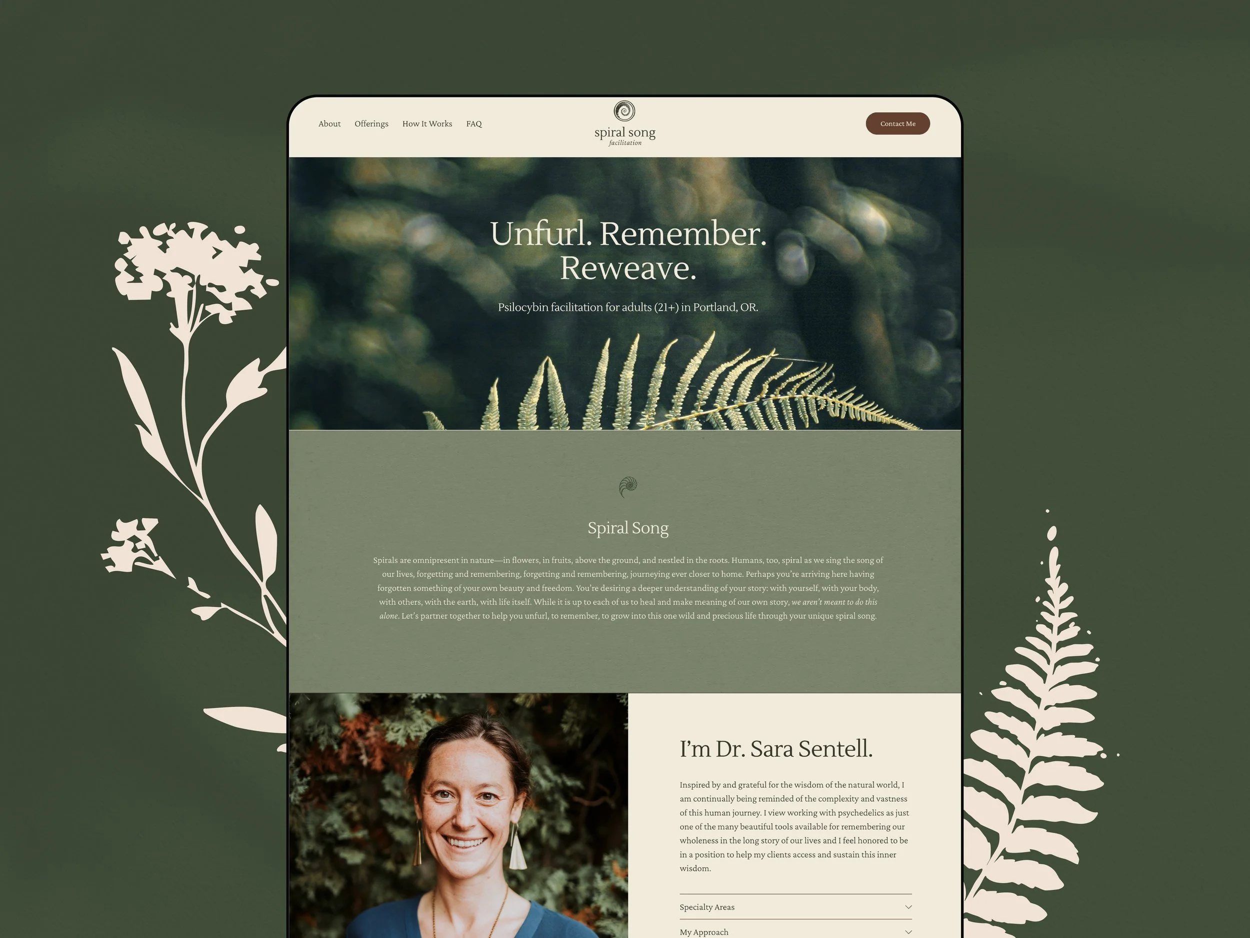 A website homepage for Spiral Song facilitation with a dark green background, white floral illustrations on the sides, and a central section with text and a photograph of Dr. Sara Sentell. The website includes navigation links, a logo, a headline, a subheading, and a photo of Dr. Sentell smiling, with a natural background.