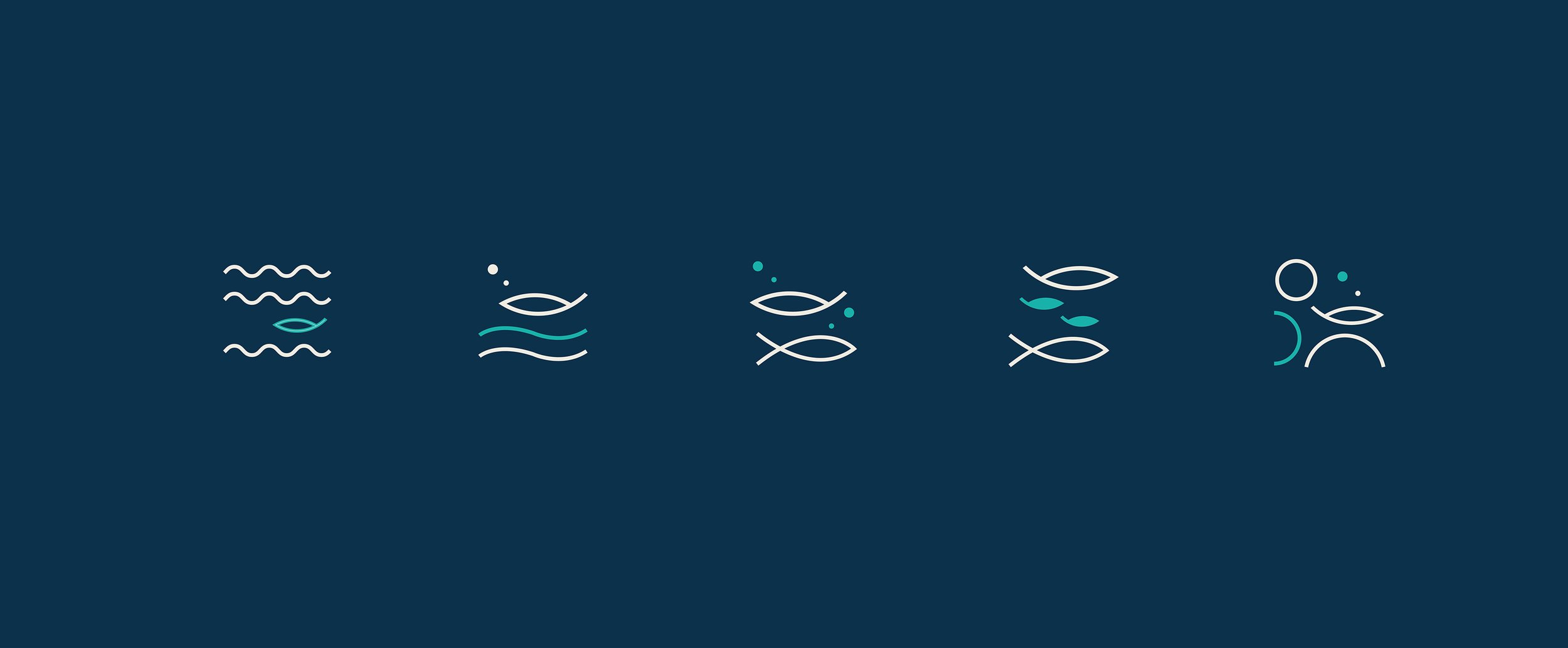 Series of minimalist line icons representing water and fish, with waves, fish, and abstract aquatic symbols on a dark background.
