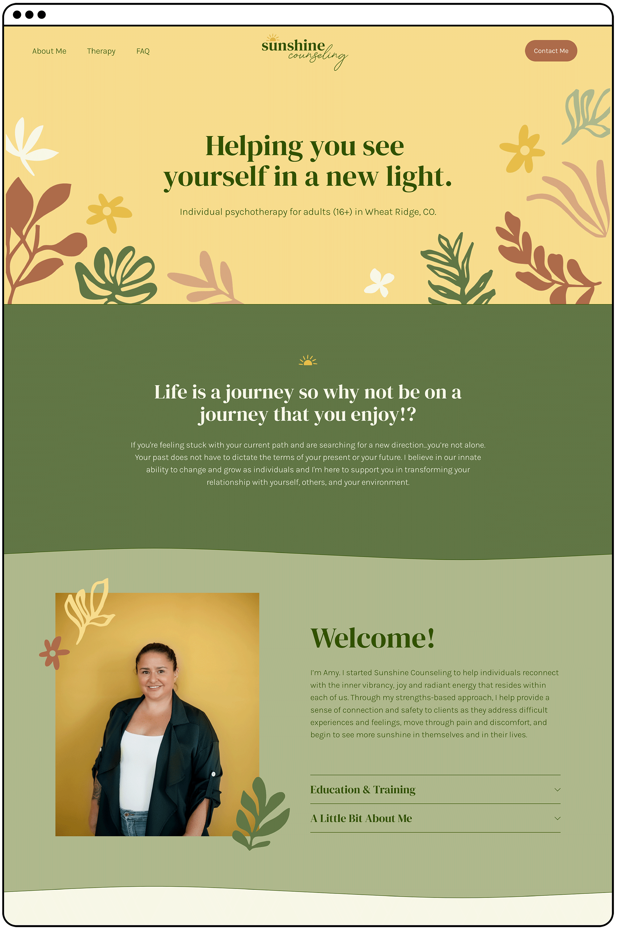 Screenshot of a website for Sunshine Counseling with a yellow and green color scheme, featuring a welcoming photo of Amy, the counselor, with a background of leaves and flowers, and menu options for About Me, Therapy, FAQ, a Contact Me button, and se