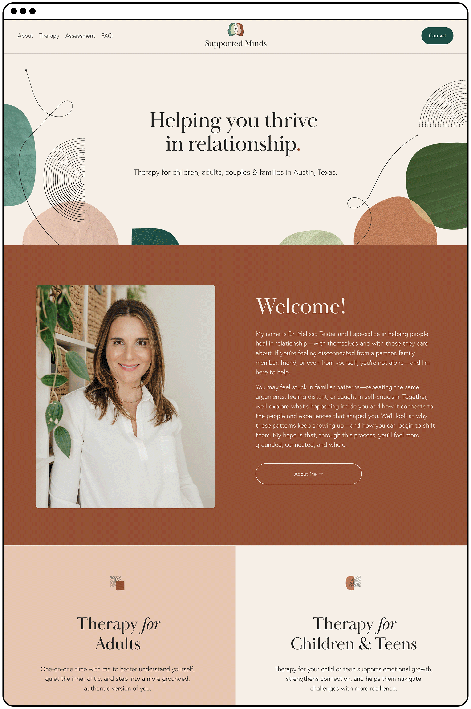 Screenshot of a therapy website called Supported Minds offering services in Austin, Texas, with a welcoming photo of Dr. Melissa Tester and sections for therapy for adults, children, and families.