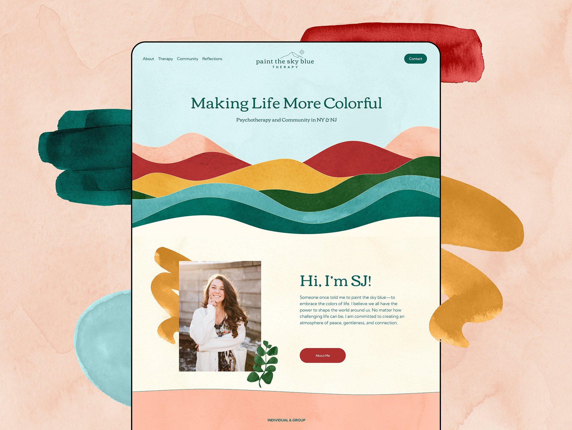 A webpage for 'Paint the Sky Blue Therapy' with a colorful landscape illustration of rolling hills in various shades of green, red, yellow, and blue. The page features a dedication to making life more colorful through psychotherapy and community support, with a photo of a woman smiling and a brief introductory text.