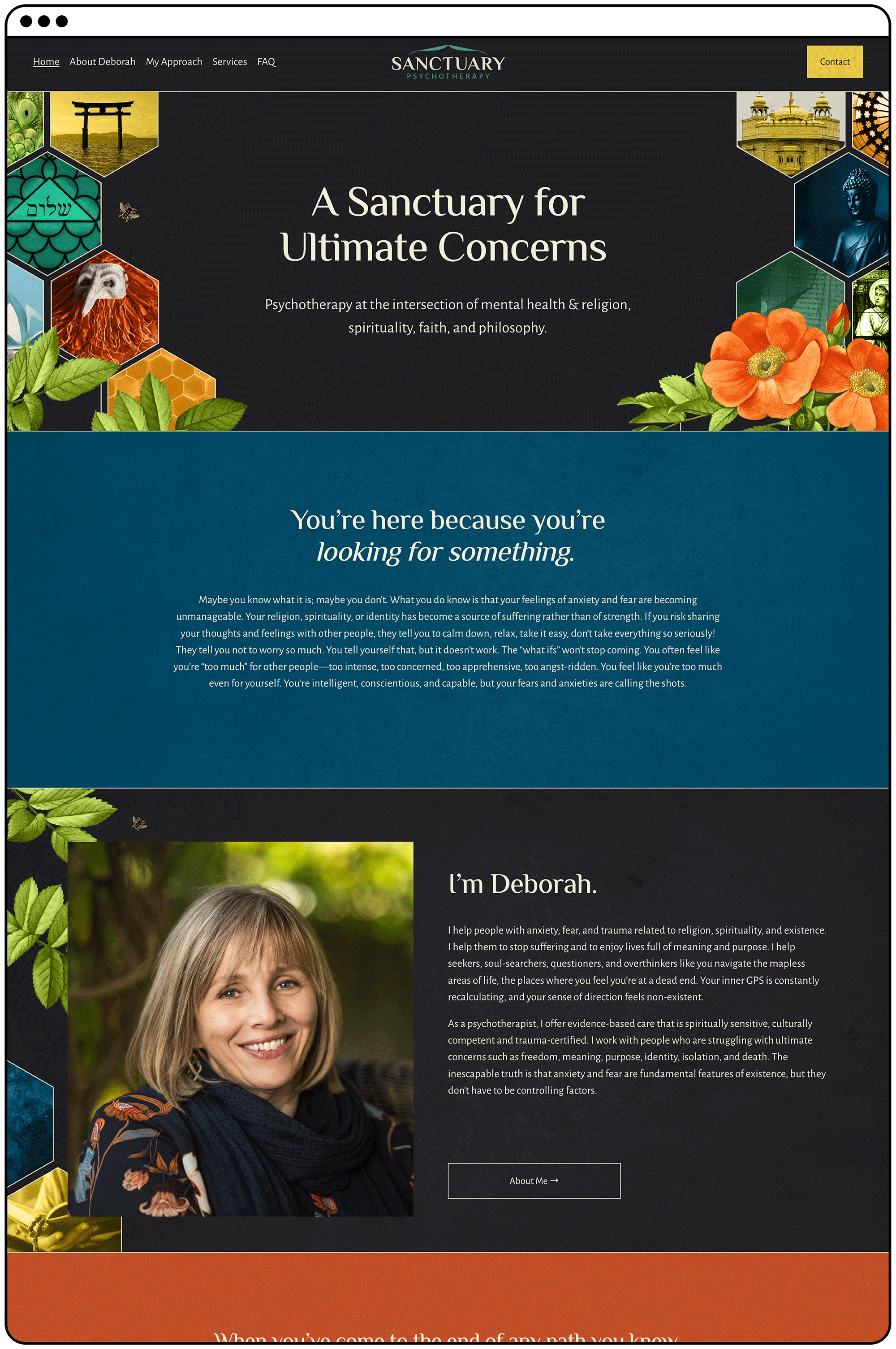 Screenshot of a psychotherapy website called Sanctuary Psychotherapy, featuring a header with navigation links, colorful hexagon images with cultural and natural symbols, a body section introducing the therapist Deborah, with a photo of her smiling o
